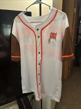 Hooters White & Brown Baseball-Style Shirt with Orange Trim and Owl Graphic